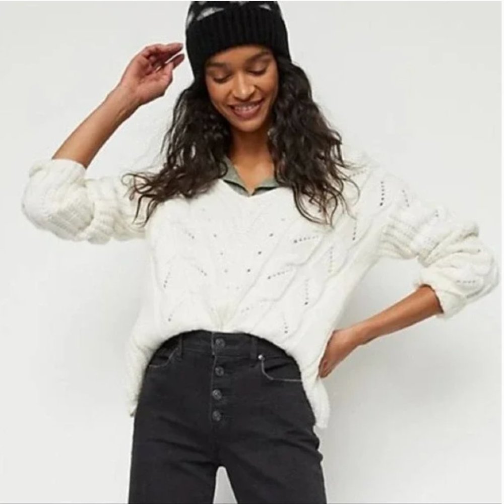 Anthropologie White Ramona Cable Pointelle Knit Chunky Alpaca Sweater | XL